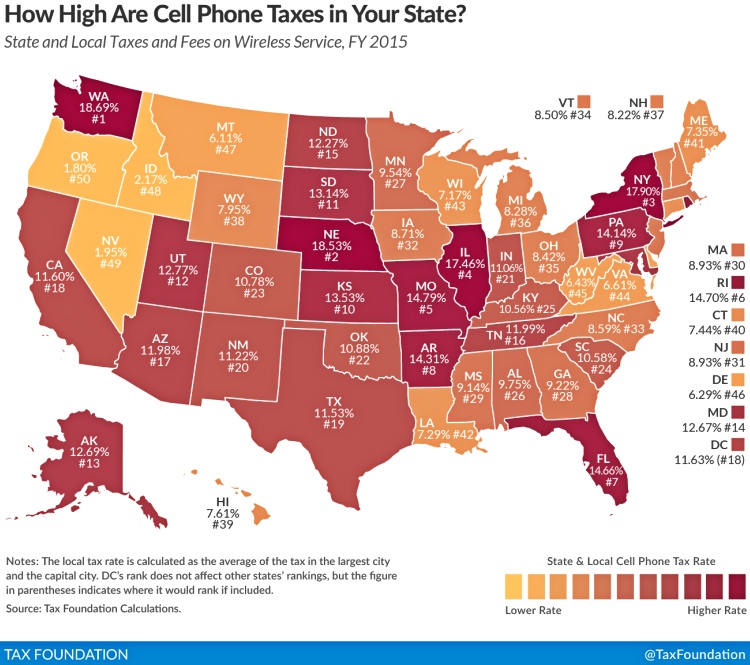 US wireless taxes map 2015