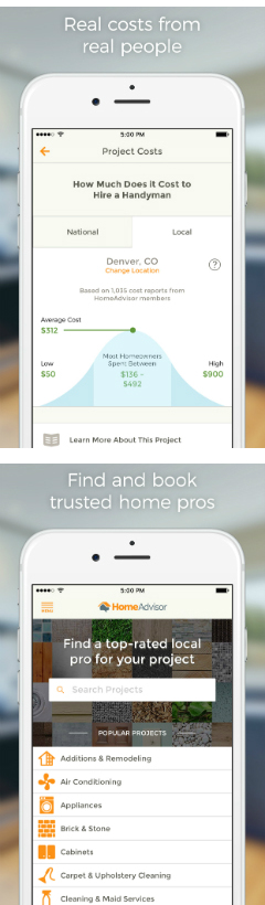 HomeAdvisor app cost and search