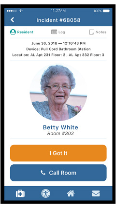 RCare Mobile caregiver call app I Got It button