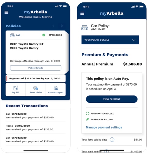 Arbella's mobile insurance app welcome and policy details screenshots